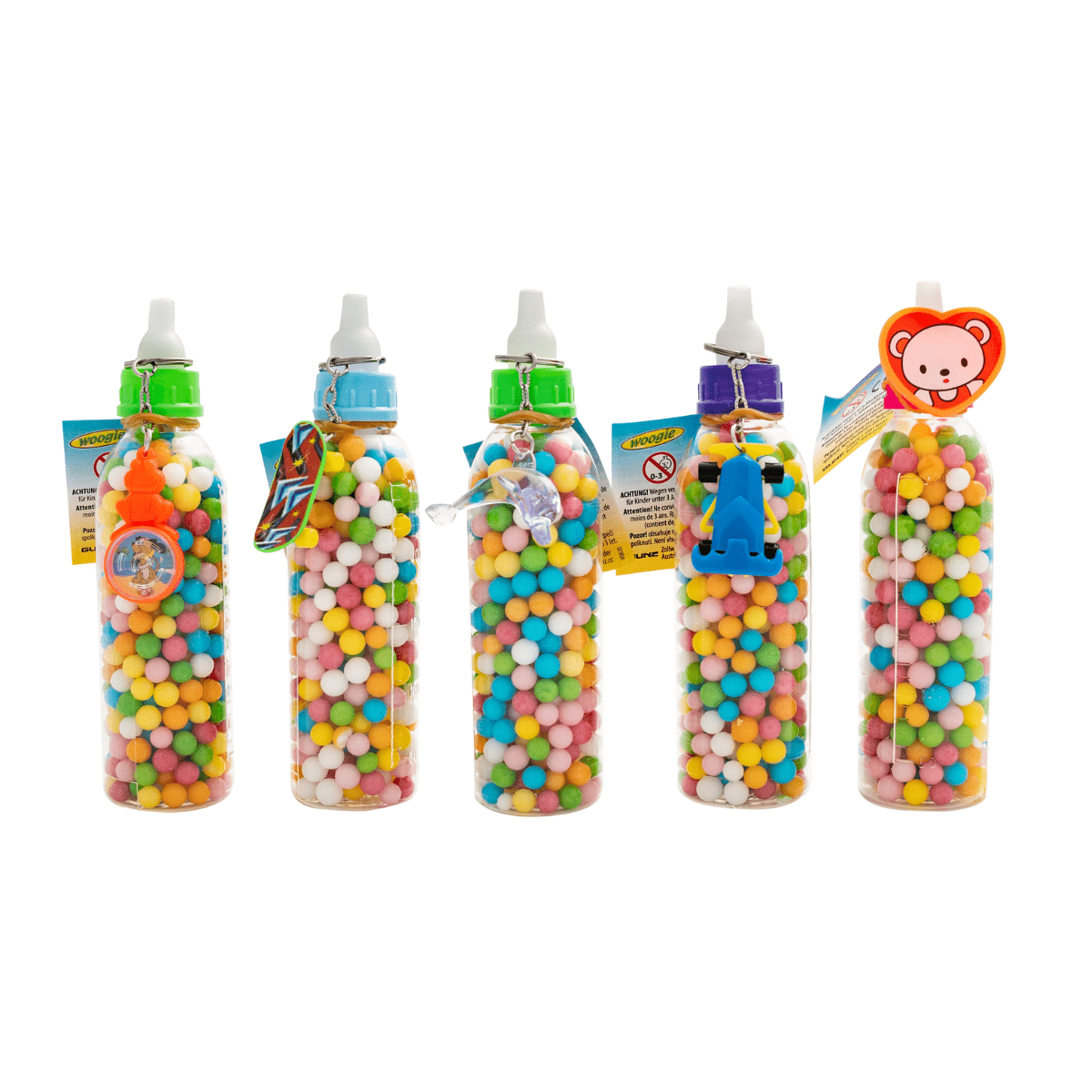 Tåteflaske med sukkerperler og leke 100g