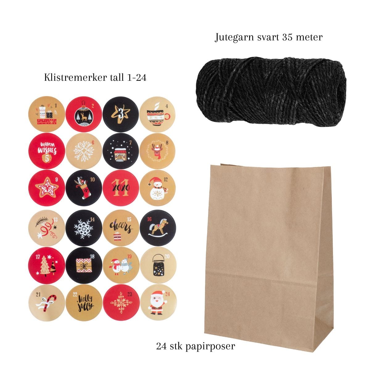 24 Kalenderposer med Klistremerker og Jutegarn