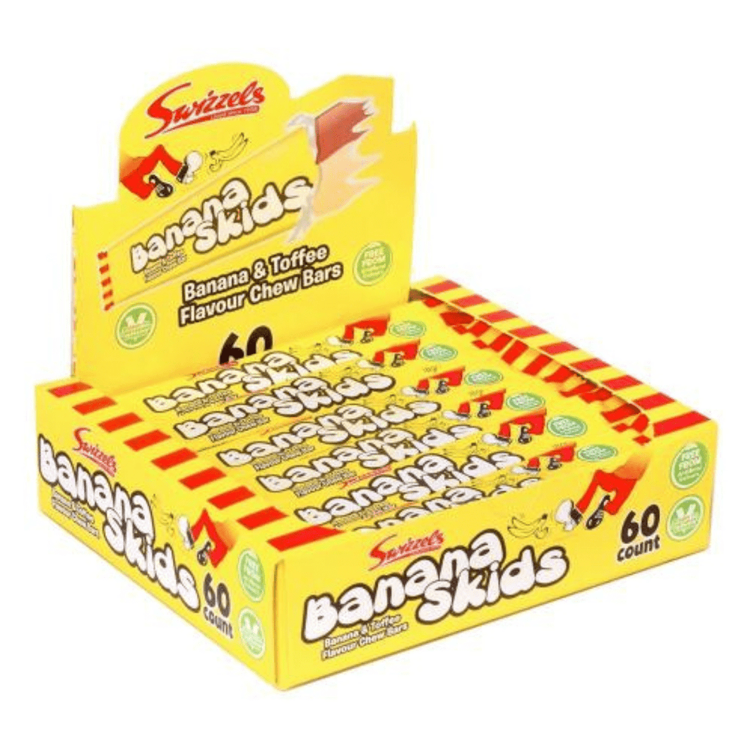 Individuelt innpakket Banana Skids karamell – seigt godteri med smak av banan og toffee, selges enkeltvis eller i hel eske