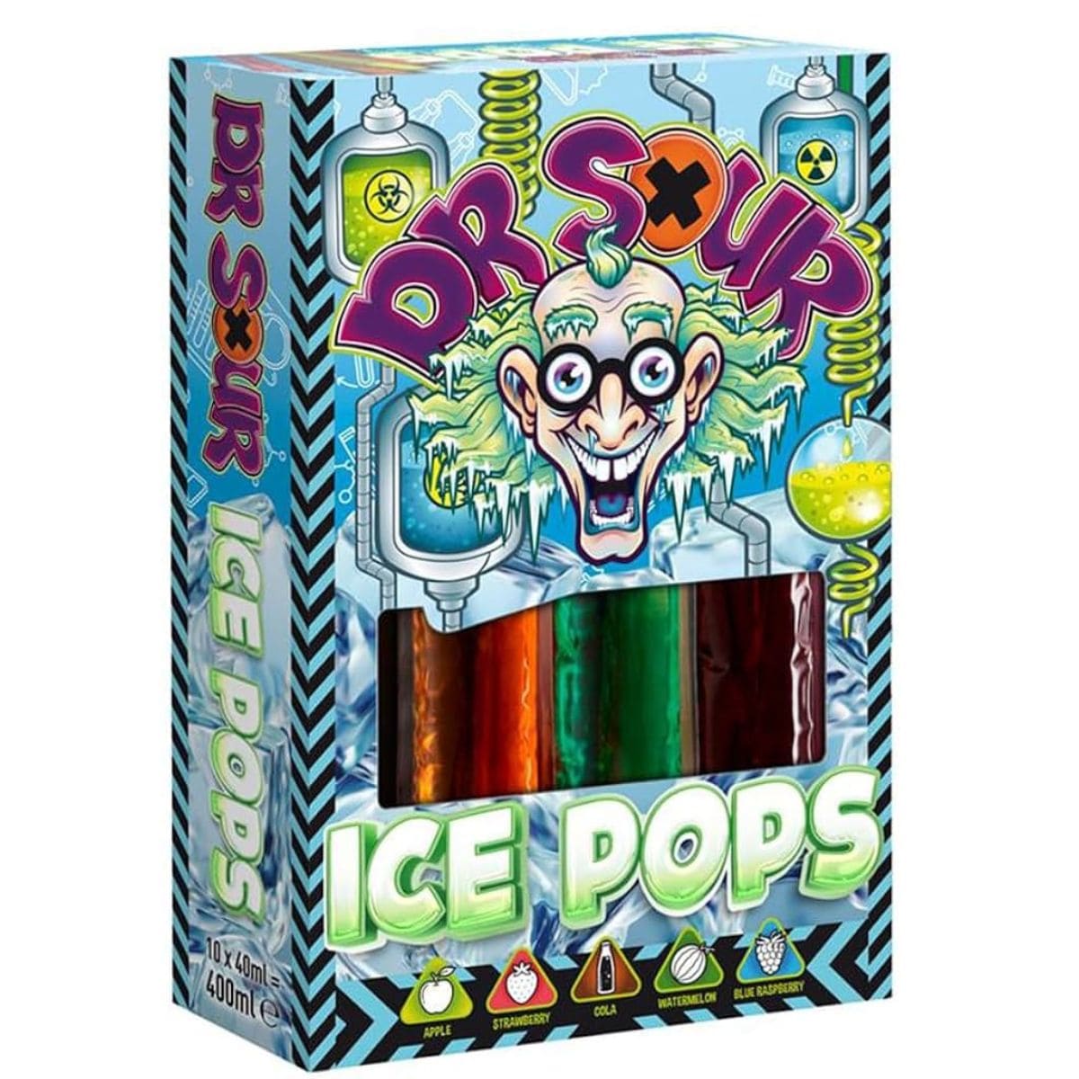 Pakke med 10 Dr. Sour Ice Pops – syrlige ispinner i ulike farger og smaker, klare til å fryses hjemme

