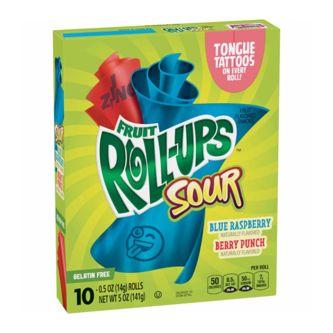 Pakke med 10 Fruit Roll-Ups Sour – fruktruller i assorterte, syrlige smaker med fargerike innpakninger

