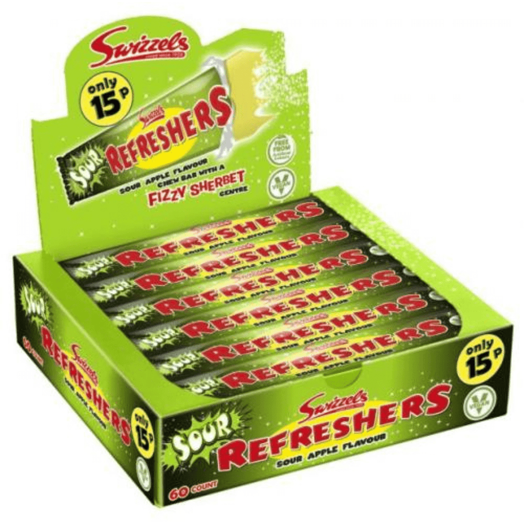 Refreshers Chew Bar i smaken Sour Apple – grønn, syrlig tyggebar med brusende kjerne


