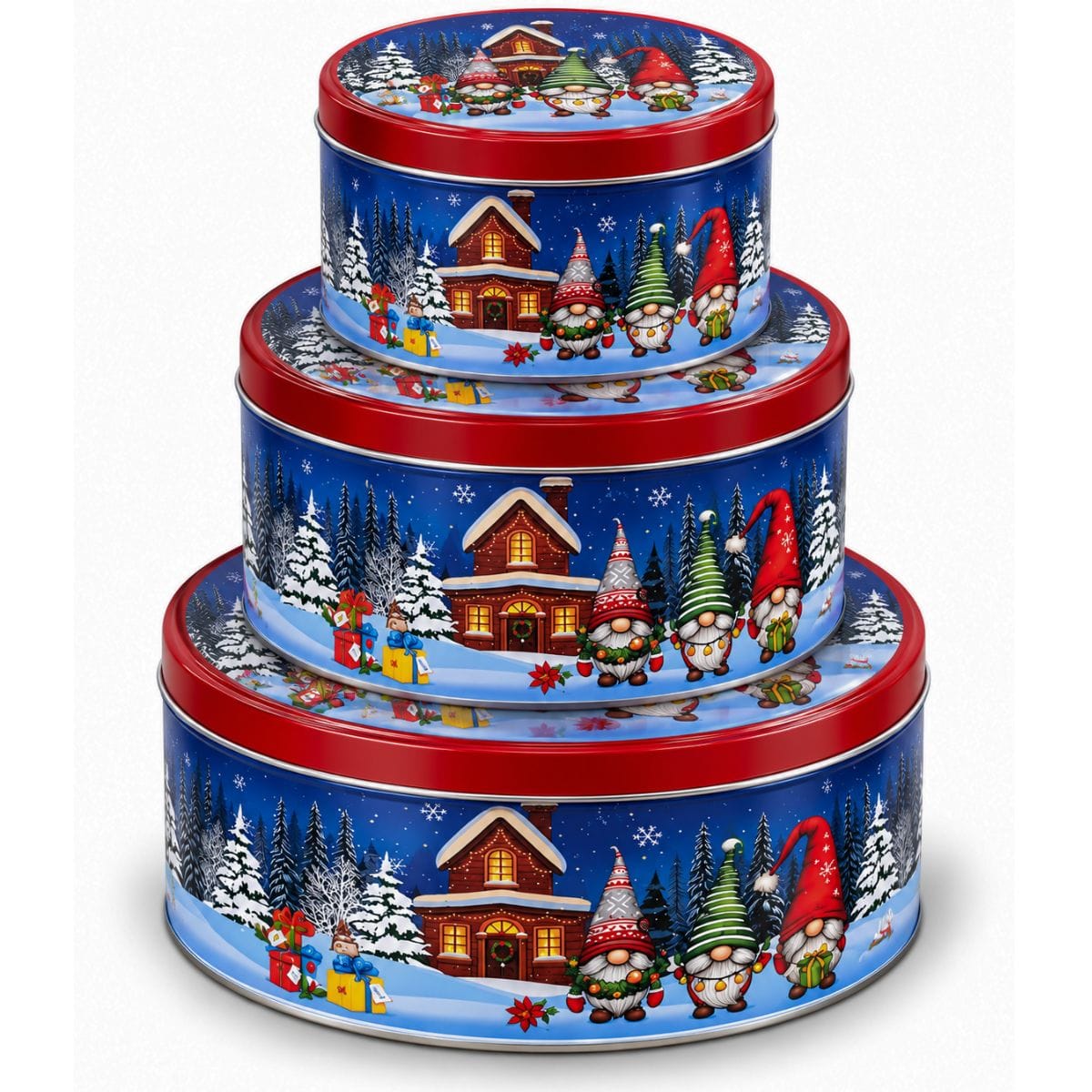 Rund Juleboks med Nisser 19,5 x 9 cm