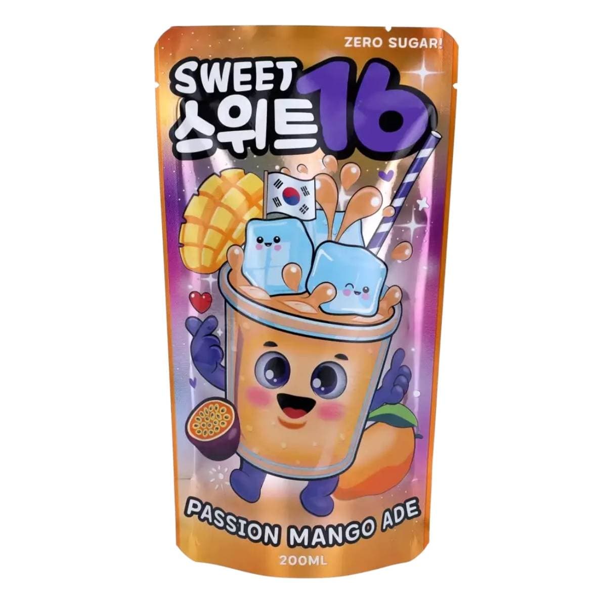 Sweet16 Passion Mango Ade Zero Sugar Korean Pouch Drink 200ml