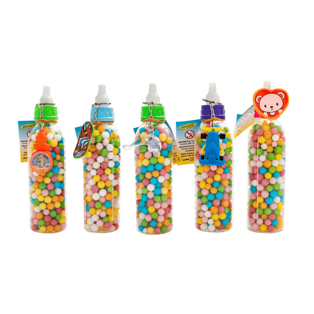Tåteflaske med sukkerperler og leke 100g