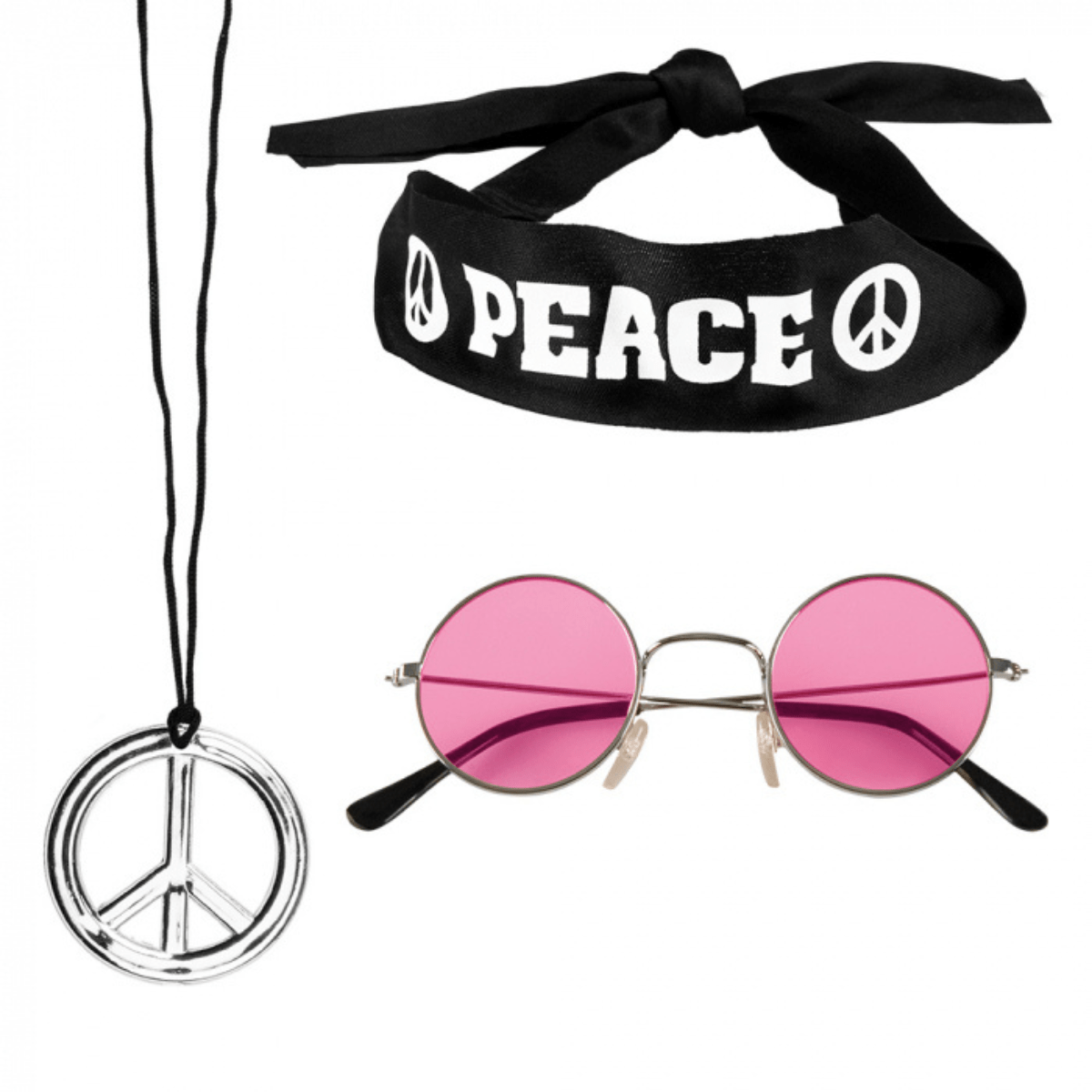 Hippiesett (pannebånd, briller og halskjede)