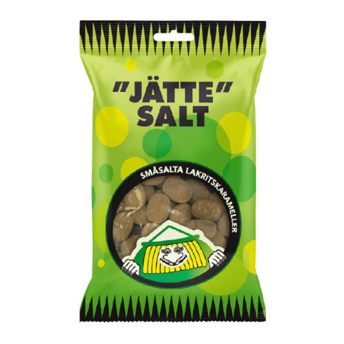Pose med Dundersalt/Jätte salt drops 65g – sterke lakrisdrops med intens saltsmak, klassisk svensk godteri

